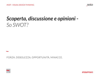 #VDT - VISUAL DESIGN THINKING
Scoperta, discussione e opinioni -
So SWOT?
FORZA, DEBOLEZZA, OPPORTUNITÀ, MINACCE.
 