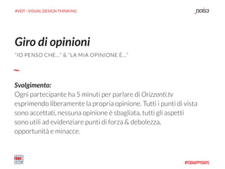 #VDT - VISUAL DESIGN THINKING
Svolgimento:
Ogni partecipante ha 5 minuti per parlare di Orizzonti.tv
esprimendo liberamente la propria opinione. Tutti i punti di vista
sono accettati, nessuna opinione è sbagliata, tutti gli aspetti
sono utili ad evidenziare punti di forza & debolezza,
opportunità e minacce.
Giro di opinioni
“IO PENSO CHE…” & “LA MIA OPINIONE È…”
 