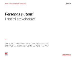 #VDT - VISUAL DESIGN THINKING
Personas e utenti
I nostri stakeholder.
CHI SONO I NOSTRI UTENTI, QUALI SONO I LORO
COMPORTAMENTI, ABITUDINI ED ASPETTATIVE?
 