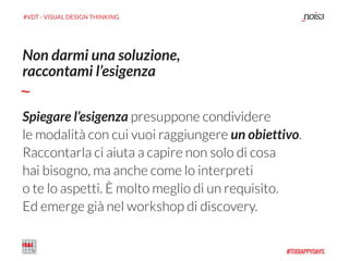 #VDT - VISUAL DESIGN THINKING
Spiegare l’esigenza presuppone condividere
le modalità con cui vuoi raggiungere un obiettivo.
Raccontarla ci aiuta a capire non solo di cosa  
hai bisogno, ma anche come lo interpreti  
o te lo aspetti. È molto meglio di un requisito.
Ed emerge già nel workshop di discovery.
BRAND STRATEGY, WEB DESIGN
Non darmi una soluzione,
raccontami l’esigenza
 