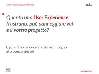 “ Quanto una User Experience
frustrante può danneggiare voi
e il vostro progetto?
E perché non applicare lo stesso impegno
al processo stesso?
#VDT - VISUAL DESIGN THINKING
 