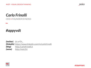 #VDT - VISUAL DESIGN THINKING
Carlo Frinolli
 
(twitter) @carl0s_ 
(linkedin) https://www.linkedin.com/in/carlofrinolli 
(blog) http://carlofrinolli.it 
(www) http://nois3.it
CEO + FOUNDER DI NOIS3
#appyvdt
 