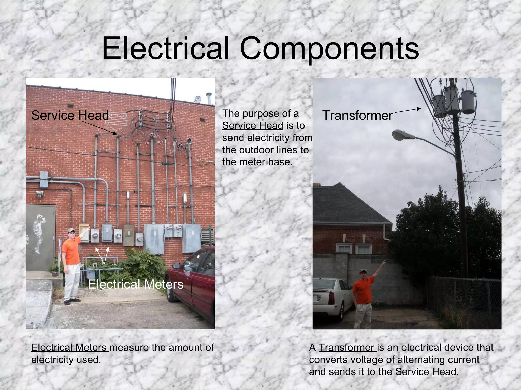 Electrical Components Transformer Electrical Meters Electrical Meters  measure the amount of electricity used. A  Transformer  is an electrical device that converts voltage of alternating current and sends it to the  Service Head. Service Head The purpose of a  Service Head  is to send electricity from the outdoor lines to the meter base. 