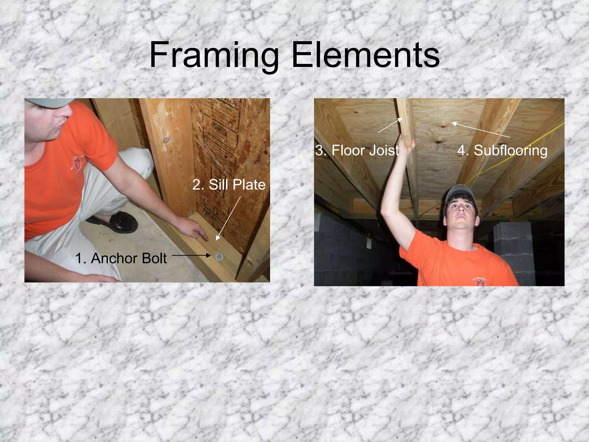 Framing Elements 1. Anchor Bolt 2. Sill Plate 4. Subflooring 3. Floor Joist 
