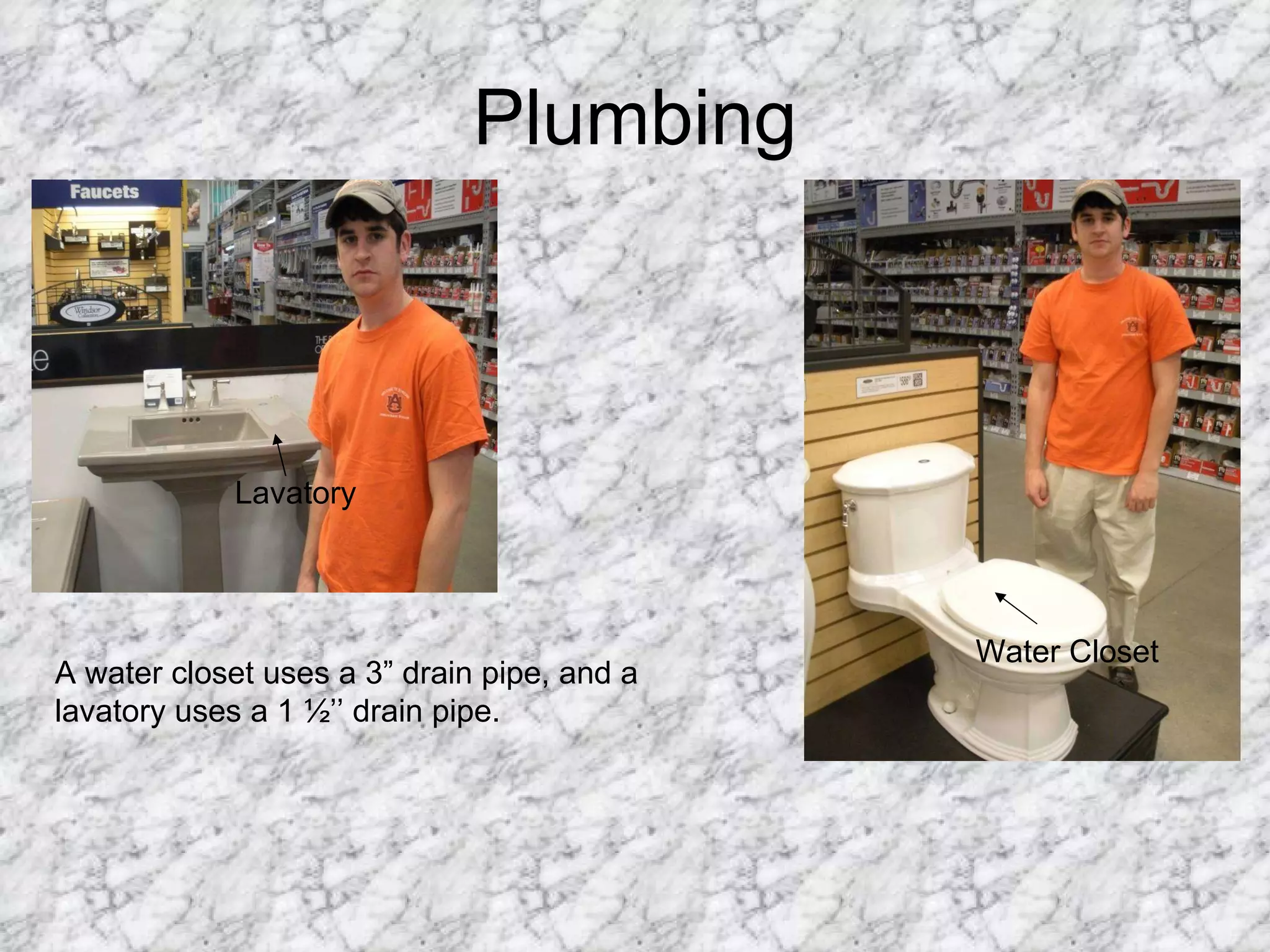 Plumbing Lavatory Water Closet A water closet uses a 3” drain pipe, and a lavatory uses a 1 ½’’ drain pipe. 