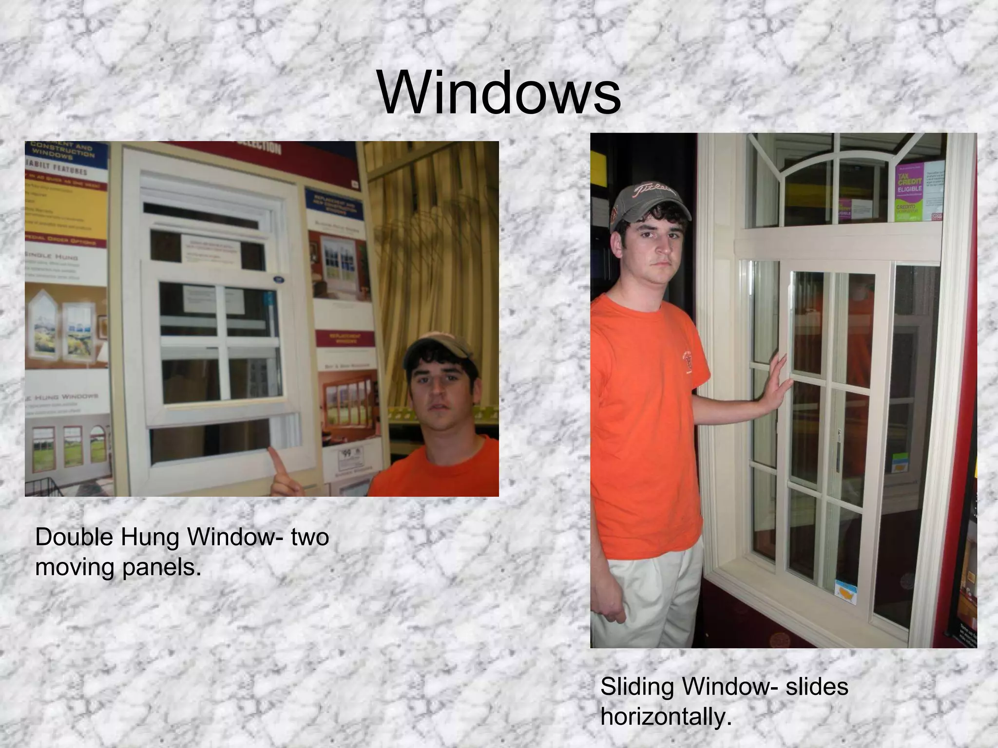 Windows Double Hung Window- two moving panels. Sliding Window- slides horizontally.  