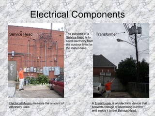 Electrical Components Transformer Electrical Meters Electrical Meters  measure the amount of electricity used. A  Transformer  is an electrical device that converts voltage of alternating current and sends it to the  Service Head. Service Head The purpose of a  Service Head  is to send electricity from the outdoor lines to the meter base. 
