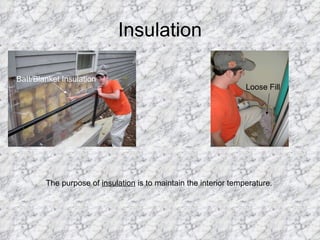 Insulation Batt/Blanket Insulation Loose Fill The purpose of  insulation  is to maintain the interior temperature. 