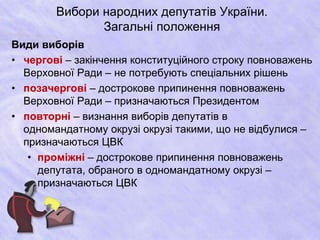 Вибори народних депутатів України. 
Загальні положення 
Види виборів 
• чергові – закінчення конституційного строку повноважень 
Верховної Ради – не потребують спеціальних рішень 
• позачергові – дострокове припинення повноважень 
Верховної Ради – призначаються Президентом 
• повторні – визнання виборів депутатів в 
одномандатному окрузі окрузі такими, що не відбулися – 
призначаються ЦВК 
• проміжні – дострокове припинення повноважень 
депутата, обраного в одномандатному окрузі – 
призначаються ЦВК 
 