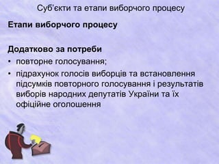 Суб’єкти та етапи виборчого процесу 
Етапи виборчого процесу 
Додатково за потреби 
• повторне голосування; 
• підрахунок голосів виборців та встановлення 
підсумків повторного голосування і результатів 
виборів народних депутатів України та їх 
офіційне оголошення 
 