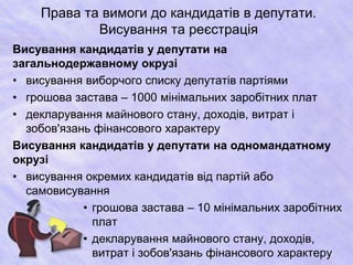 Права та вимоги до кандидатів в депутати. 
Висування та реєстрація 
Висування кандидатів у депутати на 
загальнодержавному окрузі 
• висування виборчого списку депутатів партіями 
• грошова застава – 1000 мінімальних заробітних плат 
• декларування майнового стану, доходів, витрат і 
зобов'язань фінансового характеру 
Висування кандидатів у депутати на одномандатному 
окрузі 
• висування окремих кандидатів від партій або 
самовисування 
• грошова застава – 10 мінімальних заробітних 
плат 
• декларування майнового стану, доходів, 
витрат і зобов'язань фінансового характеру 
 