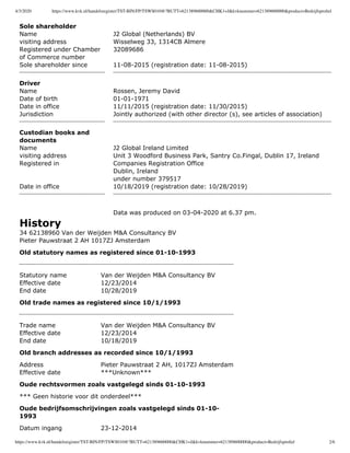 4/3/2020 https://www.kvk.nl/handelsregister/TST-BIN/FP/TSWS010@?BUTT=621389600000&CHK1=J&kvknummer=621389600000&product=Bedrijfsproﬁel
https://www.kvk.nl/handelsregister/TST-BIN/FP/TSWS010@?BUTT=621389600000&CHK1=J&kvknummer=621389600000&product=Bedrijfsproﬁel 2/6
Sole shareholder
Name J2 Global (Netherlands) BV
visiting address Wisselweg 33, 1314CB Almere
Registered under Chamber
of Commerce number
32089686
Sole shareholder since 11-08-2015 (registration date: 11-08-2015)
Driver
Name Rossen, Jeremy David
Date of birth 01-01-1971
Date in office 11/11/2015 (registration date: 11/30/2015)
Jurisdiction Jointly authorized (with other director (s), see articles of association)
Custodian books and
documents
Name J2 Global Ireland Limited
visiting address Unit 3 Woodford Business Park, Santry Co.Fingal, Dublin 17, Ireland
Registered in Companies Registration Office
Dublin, Ireland
under number 379517
Date in office 10/18/2019 (registration date: 10/28/2019)
Data was produced on 03-04-2020 at 6.37 pm.
History
34 62138960 Van der Weijden M&A Consultancy BV
Pieter Pauwstraat 2 AH 1017ZJ Amsterdam
Old statutory names as registered since 01-10-1993
Statutory name Van der Weijden M&A Consultancy BV
Effective date 12/23/2014
End date 10/28/2019
Old trade names as registered since 10/1/1993
Trade name Van der Weijden M&A Consultancy BV
Effective date 12/23/2014
End date 10/18/2019
Old branch addresses as recorded since 10/1/1993
Address Pieter Pauwstraat 2 AH, 1017ZJ Amsterdam
Effective date ***Unknown***
Oude rechtsvormen zoals vastgelegd sinds 01-10-1993
*** Geen historie voor dit onderdeel***
Oude bedrijfsomschrijvingen zoals vastgelegd sinds 01-10-
1993
Datum ingang 23-12-2014
 