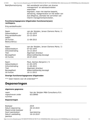 4/3/2020 https://www.kvk.nl/handelsregister/TST-BIN/FP/TSWS010@?BUTT=621389600000&CHK1=J&kvknummer=621389600000&product=Bedrijfsproﬁel
https://www.kvk.nl/handelsregister/TST-BIN/FP/TSWS010@?BUTT=621389600000&CHK1=J&kvknummer=621389600000&product=Bedrijfsproﬁel 3/6
Bedrijfsomschrijving Het wereldwijd verrichten van diverse
management- en adviesactiviteiten
waaronder
begrepen, maar niet daartoe beperkt,
advisering, leadgeneration en het leiden van
due dilligence, alsmede het verrichten van
interim managementactiviteiten.
Functionarisgegevens Uitgetreden functionaris(sen)
rechtspers.
Enig aandeelhouder:
Naam van der Weijden, Jeroen Clemens Maria / 2
Geboortedatum 07-03-1970
Enig aandeelhouder
sedert
23-12-2014
Uit functie 11-08-2015
Bestuurder(s):
Naam van der Weijden, Jeroen Clemens Maria / 3
Geboortedatum 07-03-1970
Infunctietreding 23-12-2014
Titel Algemeen directeur
Bevoegdheid Alleen/zelfstandig bevoegd
Uit functie 20-07-2018
Naam Maul, Zachary Benjamin / 5
Geboortedatum 21-05-1979
Infunctietreding 11-08-2015
Titel Algemeen directeur
Bevoegdheid Alleen/zelfstandig bevoegd
Uit functie 16-11-2015
Overige functionarisgegevens Uitgetreden
*** Geen historie voor dit onderdeel***
Deponeringen
algemene gegevens
naam Van der Weijden M&A Consultancy B.V.
ingeschreven onder
nummer
62138960
Deponeringen
Boekjaar 2019
Datum deponering 28-10-2019
Maand einde boekjaar 8
Soort jaarstukken Jaarrekening
Datum vaststelling
jaarstuk
18-10-2019
 