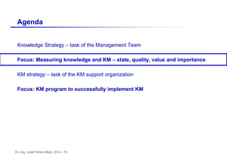 Dr.-Ing. Josef Hofer-Alfeis, 2014 - 18
Knowledge Strategy – task of the Management Team
Focus: Measuring knowledge and KM – state, quality, value and importance
KM strategy – task of the KM support organization
Focus: KM program to successfully implement KM
Agenda
 