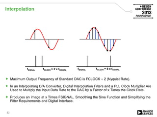 Interpolation
 Maximum Output Frequency of Standard DAC is FCLOCK ÷ 2 (Nyquist Rate).
 In an Interpolating D/A Converter, Digital Interpolation Filters and a PLL Clock Multiplier Are
Used to Multiply the Input Data Rate to the DAC by a Factor of x Times the Clock Rate.
 Produces an Image at x Times FSIGNAL, Smoothing the Sine Function and Simplifying the
Filter Requirements and Digital Interface.
53
fSIGNAL fCLOCK = 2 x fSIGNAL fSIGNAL fCLOCK = 8 x fSIGNAL
 