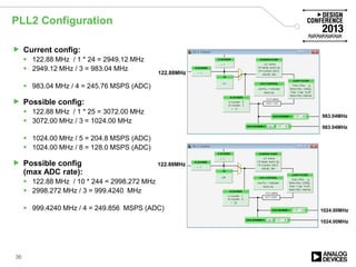 PLL2 Configuration
122.88MHz
983.04MHz
983.04MHz
122.88MHz
1024.00MHz
1024.00MHz
 Current config:
 122.88 MHz / 1 * 24 = 2949.12 MHz
 2949.12 MHz / 3 = 983.04 MHz
 983.04 MHz / 4 = 245.76 MSPS (ADC)
 Possible config:
 122.88 MHz / 1 * 25 = 3072.00 MHz
 3072.00 MHz / 3 = 1024.00 MHz
 1024.00 MHz / 5 = 204.8 MSPS (ADC)
 1024.00 MHz / 8 = 128.0 MSPS (ADC)
 Possible config
(max ADC rate):
 122.88 MHz / 10 * 244 = 2998.272 MHz
 2998.272 MHz / 3 = 999.4240 MHz
 999.4240 MHz / 4 = 249.856 MSPS (ADC)
36
 