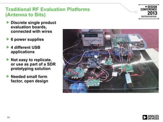 Traditional RF Evaluation Platforms
(Antenna to Bits)
46
 Discrete single product
evaluation boards,
connected with wires
 6 power supplies
 4 different USB
applications
 Not easy to replicate,
or use as part of a SDR
prototyping solution
 Needed small form
factor, open design
 
