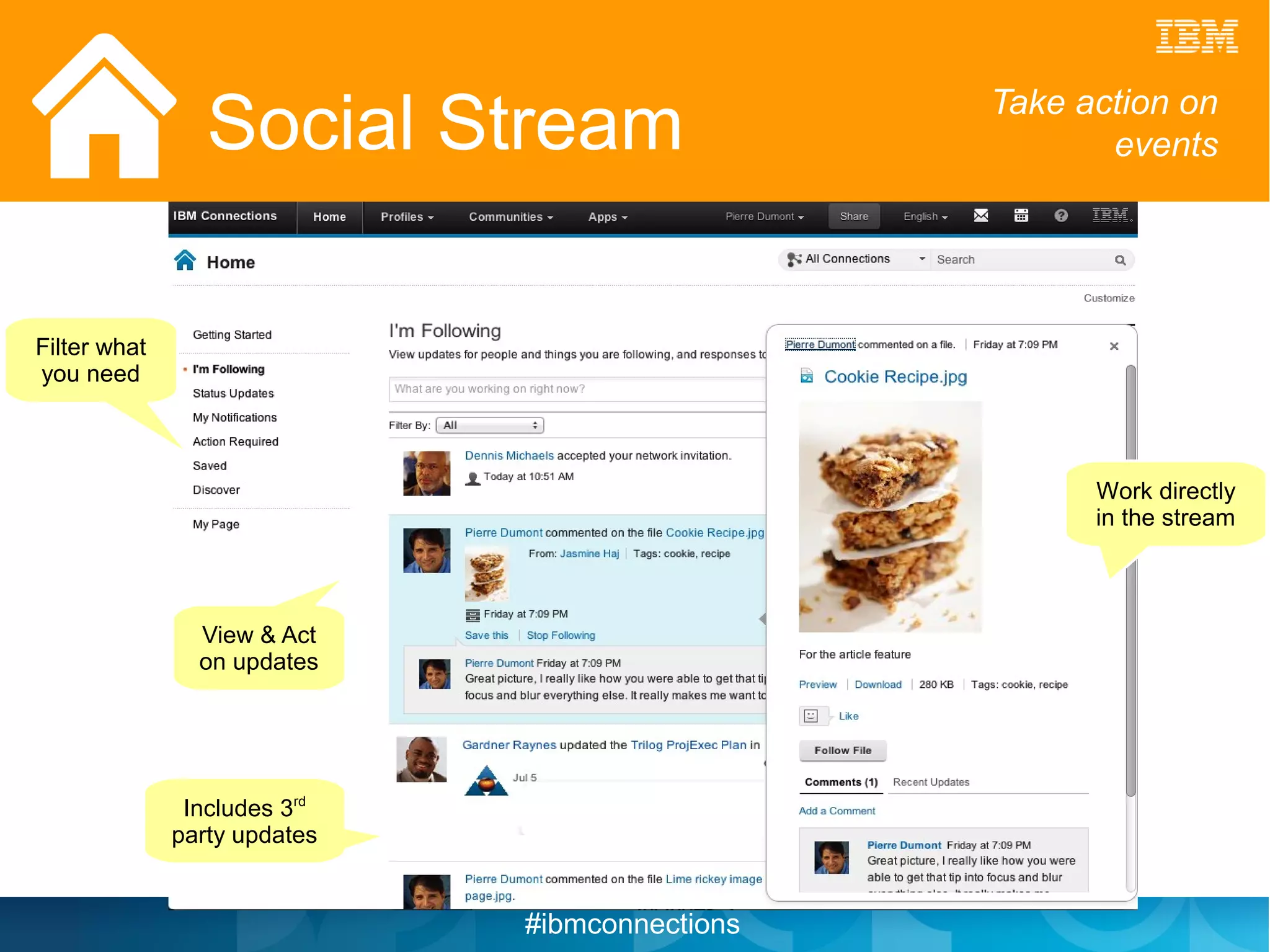 Social Stream                  Take action on
                                                       events




Filter what
you need



                                                      Work directly
                                                      in the stream



                View & Act
                on updates




               Includes 3rd
              party updates


                              #ibmconnections
 
