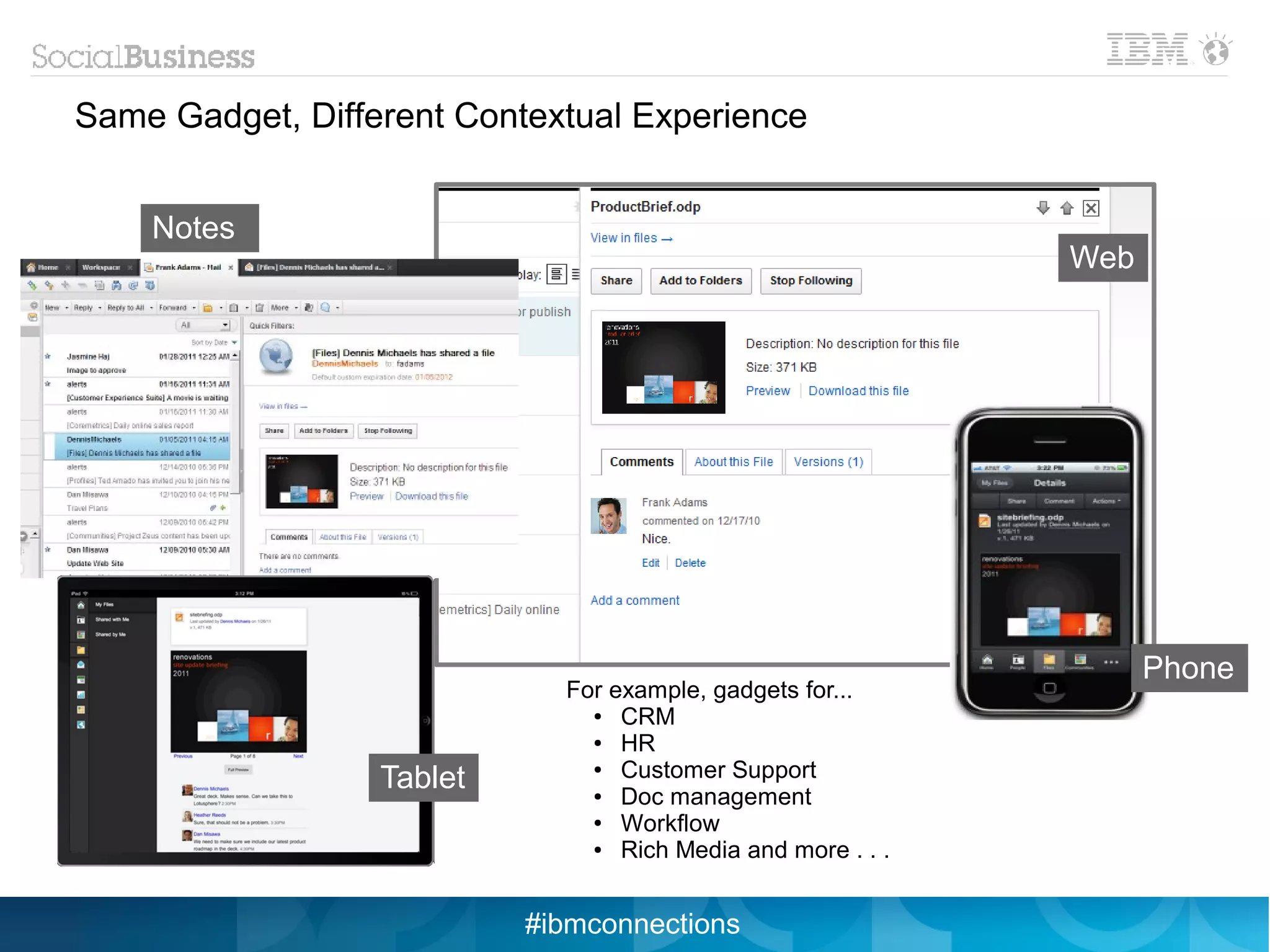 Same Gadget, Different Contextual Experience


    Notes
                                                              Web




                                                                    Phone
                             For example, gadgets for...
                               ●  CRM
                               ●  HR
                  Tablet       ●  Customer Support
                               ●  Doc management
                               ●  Workflow
                               ●  Rich Media and more . . .


                           #ibmconnections
 