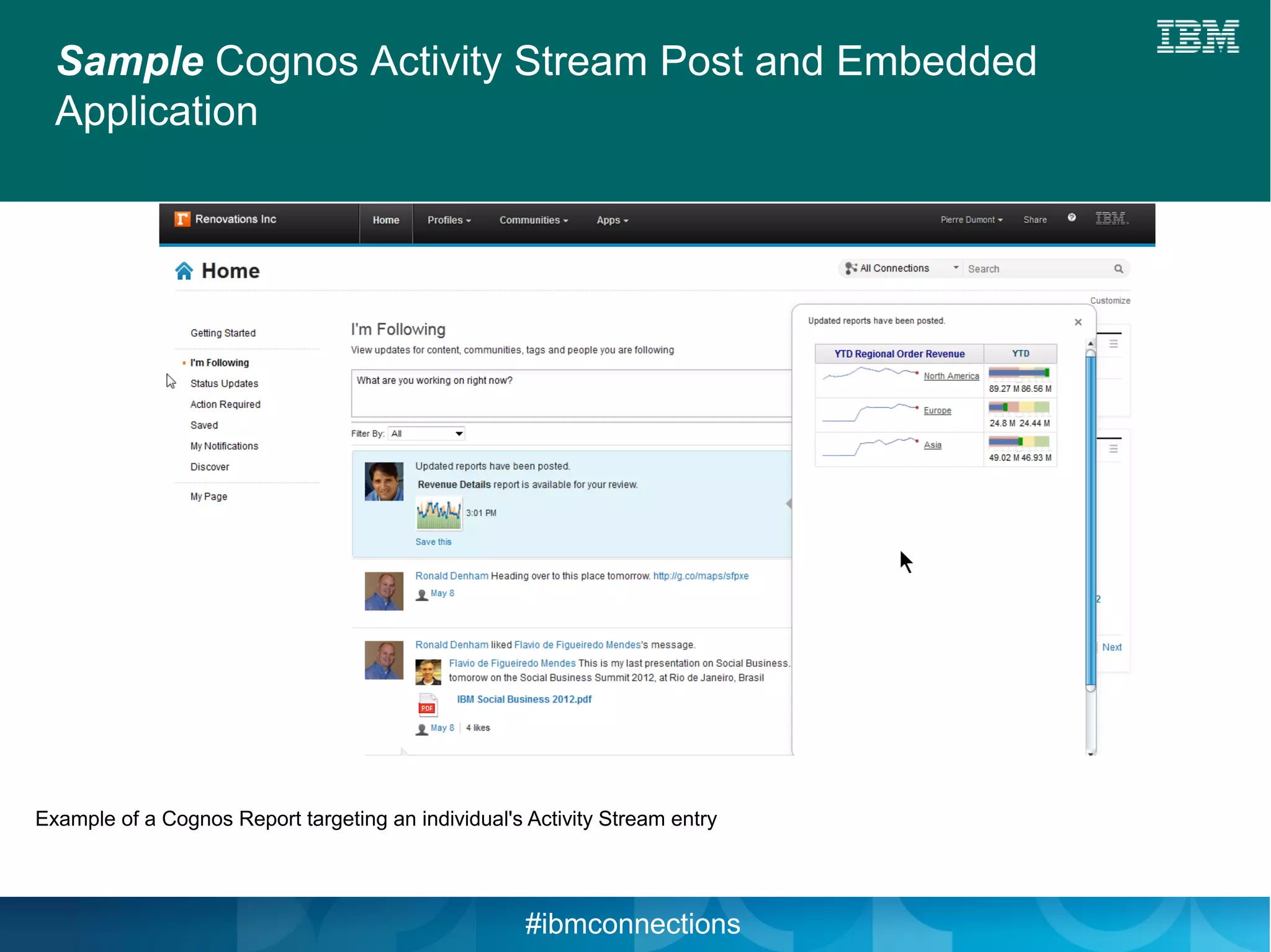 Sample Cognos Activity Stream Post and Embedded
  Application




Example of a Cognos Report targeting an individual's Activity Stream entry




                                                     #ibmconnections
 