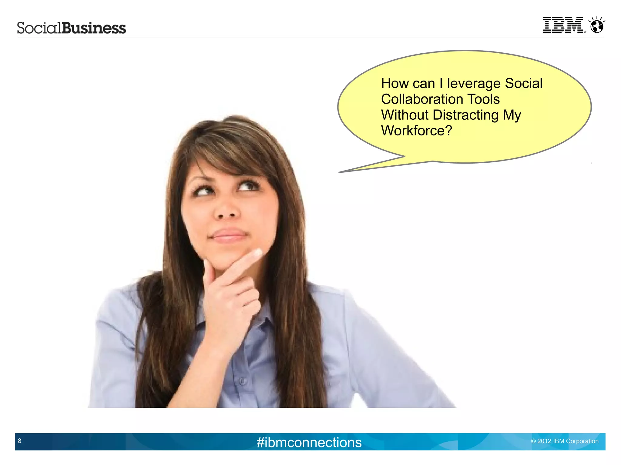 How can I leverage Social
                      Collaboration Tools
                      Without Distracting My
                      Workforce?




8
    #ibmconnections                          © 2012 IBM Corporation
 