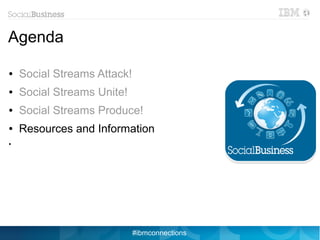Agenda

●   Social Streams Attack!
●   Social Streams Unite!
●   Social Streams Produce!
●   Resources and Information
●




                             #ibmconnections
 