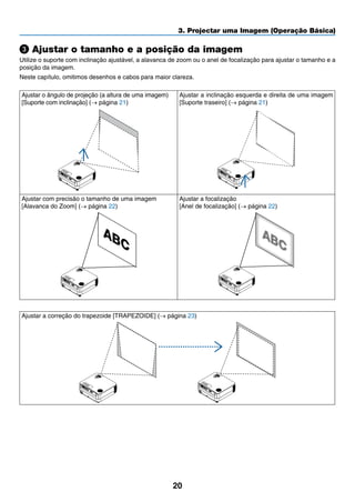 20
3. Projectar uma Imagem (Operação Básica)
Ajustar o tamanho e a posição da imagem
Utilize o suporte com inclinação ajustável, a alavanca de zoom ou o anel de focalização para ajustar o tamanho e a
posição da imagem.
Neste capítulo, omitimos desenhos e cabos para maior clareza.
Ajustar o ângulo de projeção (a altura de uma imagem)
[Suporte com inclinação] (→ página 21)
Ajustar a inclinação esquerda e direita de uma imagem
[Suporte traseiro] (→ página 21)
Ajustar com precisão o tamanho de uma imagem
[Alavanca do Zoom] (→ página 22)
Ajustar a focalização
[Anel de focalização] (→ página 22)
Ajustar a correção do trapezoide [TRAPEZOIDE] (→ página 23)
 