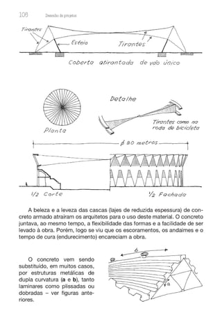 106 Desenho de proJ9tos
Tirantes
Cobe,to atJrontoda de vdo úoico
Detalhe
Plonto
Tirantes como /la
roda d@ bicic/eto
1
.
____________Jt 80 metrôS----t
1/2 Corte ½ Fo cnQdO
A beleza e a leveza das cascas (lajes de reduzida espessura) de con-
creto armado atraíram os arquitetos para o uso deste material. O concreto
juntava, ao mesmo tempo, a flexibilidade das formas e a facilidade de ser
levado à obra. Porém, logo se viu que os escoramentos, os andaimes e o
tempo de cura (endurecimento) encareciam a obra.
O concreto vem sendo
substituído, em muitos casos,
por estruturas metálicas de
dupla curvatura (a e b), tanto
laminares como plissadas ou
dobradas - ver figuras ante-
riores.
 