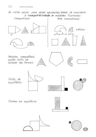 110 Desenho de proJ9tos
.4o cortar p(:?ças- ,ooro serem agrupados; temos de considero,
a compot/lúlidad@ de mt1didos. €xpmplos:
Compatíveis Ndo compatlvB1's:
o::>L
O'
Medidos compatíveis-,
porém falto de A
un,dode dos formos:
Falto de
equil/brio:
Formos em equilfbrio :
(__
•••
 
