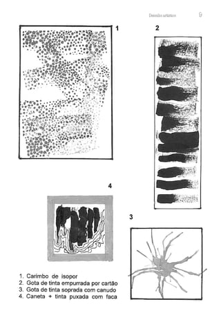 1
4
3
1. Carimbo de isopor
2. Gota de tinta empurrada por cartão
3. Gota de tinta soprada com canudo
4. Caneta + tinta puxada com faca
Desenho artístico
2
·-::s.. ~ +·-Z.
--.:..~~
~~
--
9
 