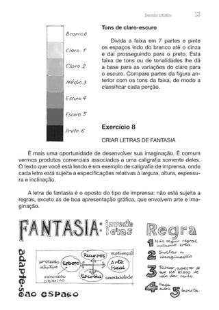 Bronco.o
Cloro. 1
C/or o .2
Néd/o.3
[scuro.4
Escvro.5
Pr·eto. €
Desenho artístico 13
Tons de claro-escuro
Divida a faixa em 7 partes e pinte
os espaços indo do branco até o cinza
e daí prosseguindo para o preto. Esta
faixa de tons ou de tonalidades lhe dá
a base para as variações do claro para
o escuro. Compare partes da figura an-
terior com os tons da faixa, de modo a
classificar cada porção.
Exercício 8
CRIAR LETRAS DE FANTASIA
É mais uma oportunidade de desenvolver sua imaginação. É comum
vermos produtos comerciais associados a uma caligrafia somente deles.
O texto que você está lendo é um exemplo de caligrafia de imprensa, onde
cada letra está sujeita a especificações relativas à largura, altura, espessu-
ra e inclinação.
A letra de fantasia é o oposto do tipo de imprensa: não está sujeita a
regras, exceto as de boa apresentação gráfica, que envolvem arte e ima-
ginação.
fANTAS~A:
PfaOC ESS'C>
c.R,'.A-T , V O
esPa~o
 