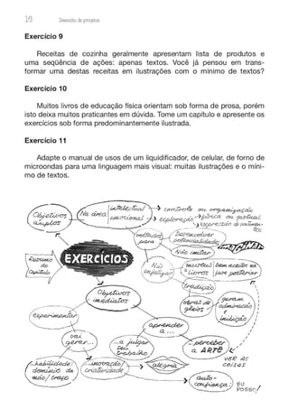 16 Desenho de proJ9tos
Exercício 9
Receitas de cozinha geralmente apresentam lista de produtos e
uma seqüência de ações: apenas textos. Você já pensou em trans-
formar uma destas receitas em ilustrações com o mínimo de textos?
Exercício 10
Muitos livros de educação física orientam sob forma de prosa, porém
isto deixa muitos praticantes em dúvida. Tome um capítulo e apresente os
exercícios sob forma predominantemente ilustrada.
Exercício 11
Adapte o manual de usos de um liquidificador, de celular, de forno de
microondas para uma linguagem mais visual: muitas ilustrações e o míni-
mo de textos.
r::
I
I
1
1
1
1
I
I
I
I
 