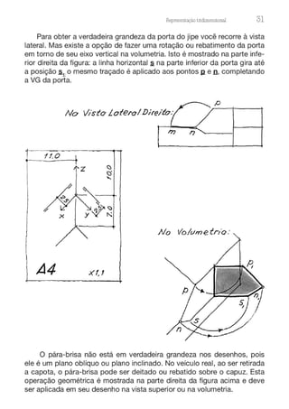Representação tndtmens1ona.l 31
Para obter a verdadeira grandeza da porta do jipe você recorre à vista
lateral. Mas existe a opção de fazer uma rotação ou rebatimento da porta
em torno de seu eixo vertical na volumetria. Isto é mostrado na parte infe-
rior direita da figura: a linha horizontal~ na parte inferior da porta gira até
a posição ~1
. o mesmo traçado é aplicado aos pontos g_ e n, completando
a VG da porta.
,o
No Visto LateralDireito:
1 1.0
z
No Volt.1me tr/o :
A4 xt, 1
O pára-brisa não está em verdadeira grandeza nos desenhos, pois
ele é um plano oblíquo ou plano inclinado. No veículo real, ao ser retirada
a capota, o pára-brisa pode ser deitado ou rebatido sobre o capuz. Esta
operação geométrica é mostrada na parte direita da figura acima e deve
ser aplicada em seu desenho na vista superior ou na volumetria.
 