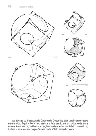 64 Desenho de proJ9tos
As épuras ou traçados de Geometria Descritiva são geralmente secos
e sem vida. Aqui o Autor representa a interseção de um cubo e de uma
esfera. À esquerda, estão as projeções vertical e horizontal do conjunto e,
à direita, as mesmas projeções de cada sólido, isoladamente.
 