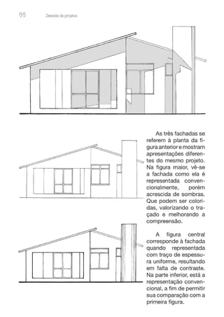 66 Desenho de proJ9tos
~D
:1
DO
DO
D
O
DO D
O
DO
D
As três fachadas se
referem à planta da fi-
gura anteriore mostram
apresentações diferen-
tes do mesmo projeto.
Na figura maior, vê-se
a fachada como ela é
representada conven-
cionalmente, porém
acrescida de sombras.
Que podem ser colori-
das, valorizando o tra-
çado e melhorando a
compreensão.
A figura central
corresponde à fachada
quando representada
com traço de espessu-
ra uniforme, resultando
em falta de contraste.
Na parte inferior, está a
representação conven-
cional, a fim de permitir
sua comparação com a
primeira figura.
 