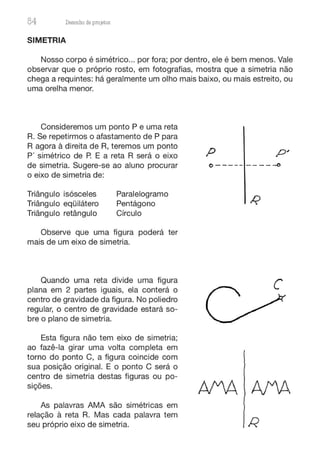 84 Desenho de proJ9tos
SIMETRIA
Nosso corpo é simétrico... por fora; por dentro, ele é bem menos. Vale
observar que o próprio rosto, em fotografias, mostra que a simetria não
chega a requintes: há geralmente um olho mais baixo, ou mais estreito, ou
uma orelha menor.
Consideremos um ponto P e uma reta
R. Se repetirmos o afastamento de P para
R agora à direita de R, teremos um ponto
P' simétrico de P. E a reta R será o eixo
de simetria. Sugere-se ao aluno procurar
o eixo de simetria de:
Triângulo isósceles
Triângulo eqüilátero
Triângulo retângulo
Paralelogramo
Pentágono
Círculo
Observe que uma figura poderá ter
mais de um eixo de simetria.
Quando uma reta divide uma figura
plana em 2 partes iguais, ela conterá o
centro de gravidade da figura. No poliedro
regular, o centro de gravidade estará so-
bre o plano de simetria.
Esta figura não tem eixo de simetria;
ao fazê-la girar uma volta completa em
torno do ponto C, a figura coincide com
sua posição original. E o ponto C será o
centro de simetria destas figuras ou po-
sições.
As palavras AMA são simétricas em
relação à reta R. Mas cada palavra tem
seu próprio eixo de simetria.
p P'
o--- -- - - - --0
R
 