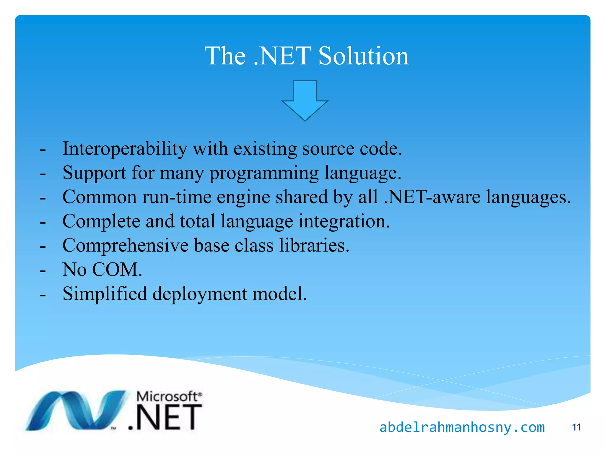 The .NET Solution
- Interoperability with existing source code.
- Support for many programming language.
- Common run-time engine shared by all .NET-aware languages.
- Complete and total language integration.
- Comprehensive base class libraries.
- No COM.
- Simplified deployment model.
11abdelrahmanhosny.com
 
