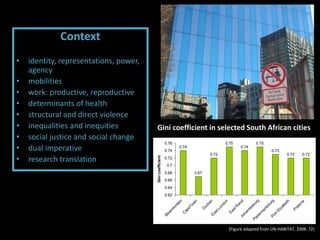 Context
• identity, representations, power,
agency
• mobilities
• work: productive, reproductive
• determinants of health
• structural and direct violence
• inequalities and inequities
• social justice and social change
• dual imperative
• research translation
0.74
0.67
0.72
0.75
0.74
0.75
0.73
0.72 0.72
0.62
0.64
0.66
0.68
0.7
0.72
0.74
0.76
Bloem
fontein
C
apeTown
D
urbanEastLondon
EastR
andJohannesburg
Pieterm
aritzburgPortElizabeth
Pretoria
Ginicoefficient
Gini coefficient in selected South African cities
(Figure adapted from UN-HABITAT, 2008: 72)
 