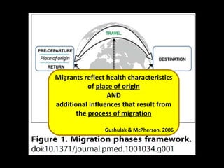 Migrants reflect health characteristics
           of place of origin
                 AND
additional influences that result from
       the process of migration

                Gushulak & McPherson, 2006
 