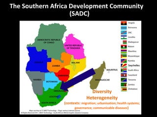 The Southern Africa Development Community
(SADC)
Diversity
Heterogeneity
(contexts: migration; urbanisation; health systems;
governance; communicable diseases)
 