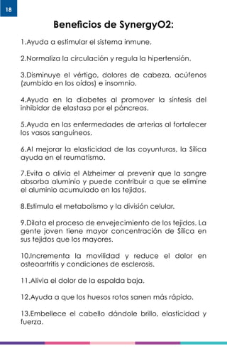 18
Beneficios de SynergyO2:
1.Ayuda a estimular el sistema inmune.
2.Normaliza la circulación y regula la hipertensión.
3.Disminuye el vértigo, dolores de cabeza, acúfenos
(zumbido en los oídos) e insomnio.
4.Ayuda en la diabetes al promover la síntesis del
inhibidor de elastasa por el páncreas.
5.Ayuda en las enfermedades de arterias al fortalecer
los vasos sanguíneos.
6.Al mejorar la elasticidad de las coyunturas, la Sílica
ayuda en el reumatismo.
7.Evita o alivia el Alzheimer al prevenir que la sangre
absorba aluminio y puede contribuir a que se elimine
el aluminio acumulado en los tejidos.
8.Estimula el metabolismo y la división celular.
9.Dilata el proceso de envejecimiento de los tejidos. La
gente joven tiene mayor concentración de Sílica en
sus tejidos que los mayores.
10.Incrementa la movilidad y reduce el dolor en
osteoartritis y condiciones de esclerosis.
11.Alivia el dolor de la espalda baja.
12.Ayuda a que los huesos rotos sanen más rápido.
13.Embellece el cabello dándole brillo, elasticidad y
fuerza.
 