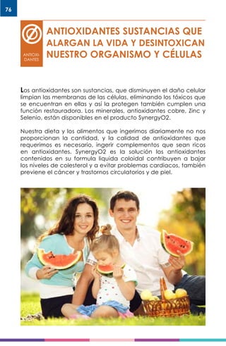 76
ANTIOXIDANTES SUSTANCIAS QUE
ALARGAN LA VIDA Y DESINTOXICAN
NUESTRO ORGANISMO Y CÉLULASANTIOXI-
DANTES
Los antioxidantes son sustancias, que disminuyen el daño celular
limpian las membranas de las células, eliminando los tóxicos que
se encuentran en ellas y así la protegen también cumplen una
función restauradora. Los minerales, antioxidantes cobre, Zinc y
Selenio, están disponibles en el producto SynergyO2.
Nuestra dieta y los alimentos que ingerimos diariamente no nos
proporcionan la cantidad, y la calidad de antioxidantes que
requerimos es necesario, ingerir complementos que sean ricos
en antioxidantes. SynergyO2 es la solución los antioxidantes
contenidos en su formula liquida coloidal contribuyen a bajar
los niveles de colesterol y a evitar problemas cardiacos, también
previene el cáncer y trastornos circulatorios y de piel.
 