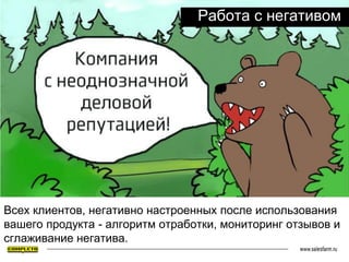 Работа с негативом
Всех клиентов, негативно настроенных после использования
вашего продукта - алгоритм отработки, мониторинг отзывов и
сглаживание негатива.
 