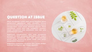 Pihak manajemen rumah sakit sering kesulitan dalam
mengetahui persebaran pola penyakit. Karena
pencatatan data pasien yang dilakukan secara manual
menggunakan excel untuk dijadikan laporan. Pihak
manajemen rumah sakit juga mengalami kesulitan
dalam mengetahui pola pemakaian obat dan pola
perkembangan pasien.
Question at Issue
Bagaimana menghasilkan data pola persebaran
penyakit ini lebih gampang dimengerti oleh bagian
manajemen, pemakaian obat dan perkembangan
pasien untuk mendukung pihak rumah sakit dalam
pengambilan Keputusan
Bagaimana melakukan visualisasi data pasien dengan
business intelligence agar mudah dipahami.
 