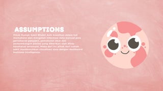 Assumptions
Pihak Rumah Sakit Bhakti Asih kesulitan dalam hal
memahami dan mengolah informasi data manual pola
persebaran penyakit, pemakaian obat dan
perkembangan pasien yang diberikan oleh dinas
kesehatan setempat. Maka dari itu pihak dari rumah
sakit membutuhkan visualisasi data dengan dashboard
business intelligence.
 