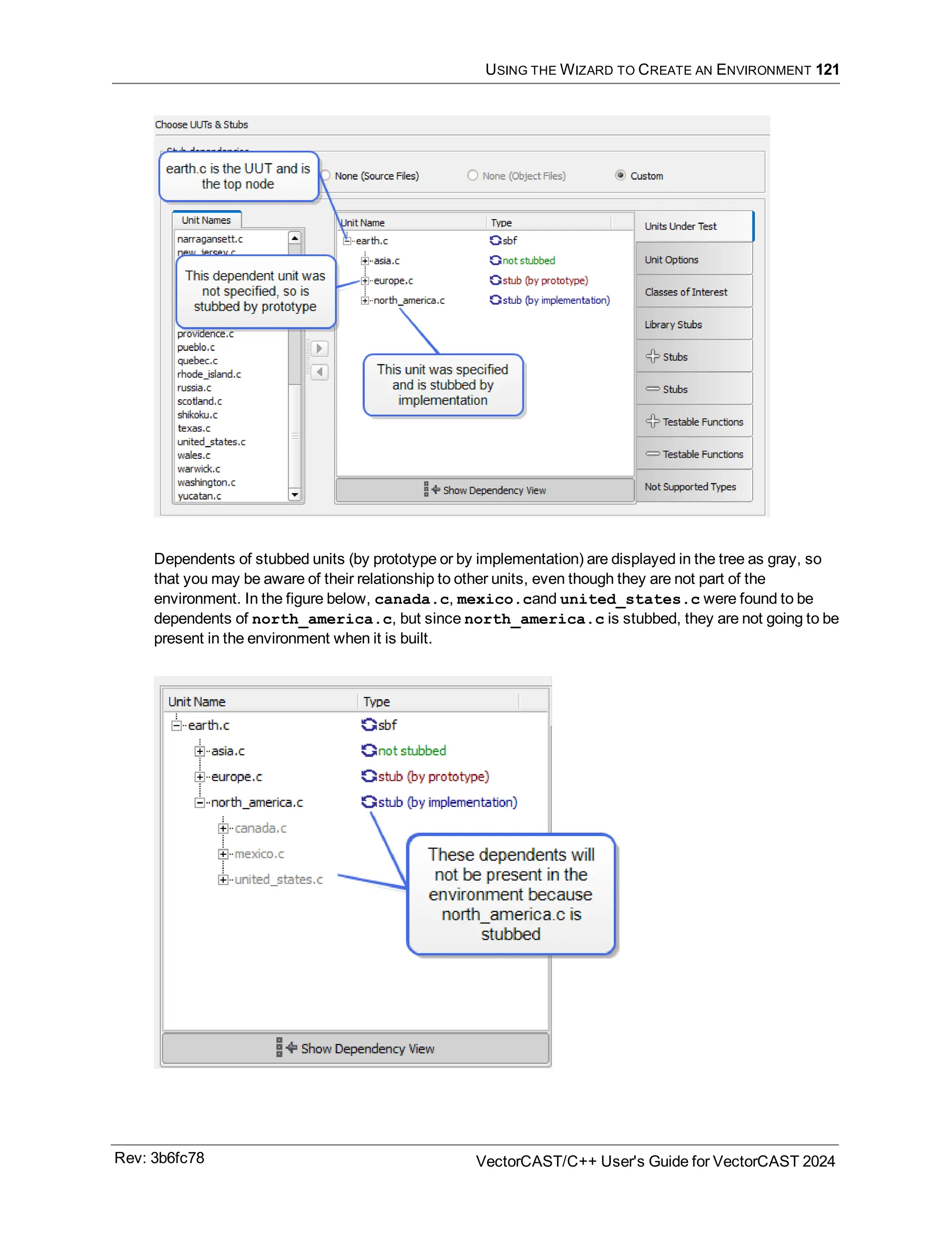USING THE WIZARD TO CREATE AN ENVIRONMENT 121
Dependents of stubbed units (by prototype or by implementation) are displayed in the tree as gray, so
that you may be aware of their relationship to other units, even though they are not part of the
environment. In the figure below, canada.c, mexico.cand united_states.c were found to be
dependents of north_america.c, but since north_america.c is stubbed, they are not going to be
present in the environment when it is built.
Rev: 3b6fc78 VectorCAST/C++ User's Guide for VectorCAST 2024
 