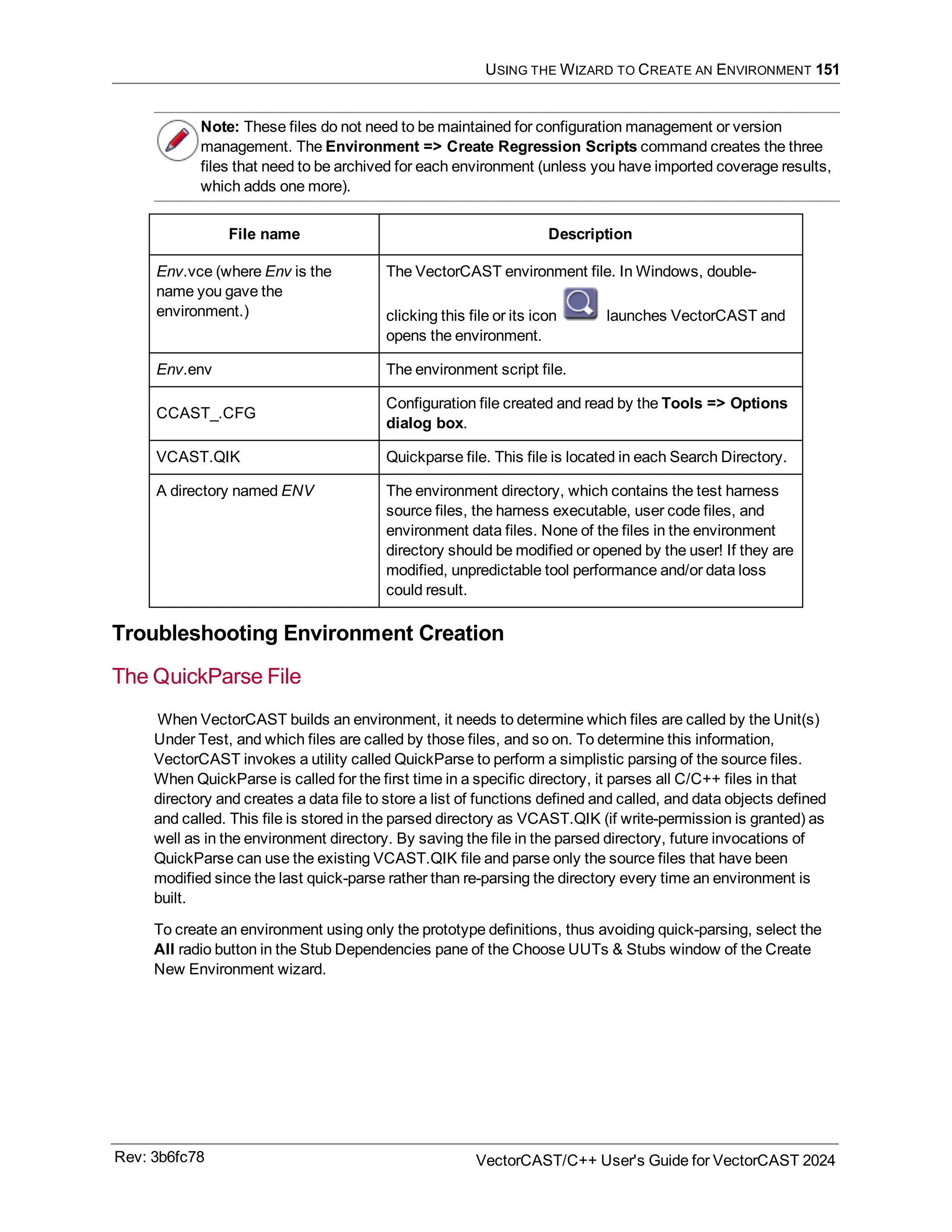 USING THE WIZARD TO CREATE AN ENVIRONMENT 151
Note: These files do not need to be maintained for configuration management or version
management. The Environment => Create Regression Scripts command creates the three
files that need to be archived for each environment (unless you have imported coverage results,
which adds one more).
File name Description
Env.vce (where Env is the
name you gave the
environment.)
The VectorCAST environment file. In Windows, double-
clicking this file or its icon launches VectorCAST and
opens the environment.
Env.env The environment script file.
CCAST_.CFG
Configuration file created and read by the Tools => Options
dialog box.
VCAST.QIK Quickparse file. This file is located in each Search Directory.
A directory named ENV The environment directory, which contains the test harness
source files, the harness executable, user code files, and
environment data files. None of the files in the environment
directory should be modified or opened by the user! If they are
modified, unpredictable tool performance and/or data loss
could result.
Troubleshooting Environment Creation
The QuickParse File
When VectorCAST builds an environment, it needs to determine which files are called by the Unit(s)
Under Test, and which files are called by those files, and so on. To determine this information,
VectorCAST invokes a utility called QuickParse to perform a simplistic parsing of the source files.
When QuickParse is called for the first time in a specific directory, it parses all C/C++ files in that
directory and creates a data file to store a list of functions defined and called, and data objects defined
and called. This file is stored in the parsed directory as VCAST.QIK (if write-permission is granted) as
well as in the environment directory. By saving the file in the parsed directory, future invocations of
QuickParse can use the existing VCAST.QIK file and parse only the source files that have been
modified since the last quick-parse rather than re-parsing the directory every time an environment is
built.
To create an environment using only the prototype definitions, thus avoiding quick-parsing, select the
All radio button in the Stub Dependencies pane of the Choose UUTs & Stubs window of the Create
New Environment wizard.
Rev: 3b6fc78 VectorCAST/C++ User's Guide for VectorCAST 2024
 