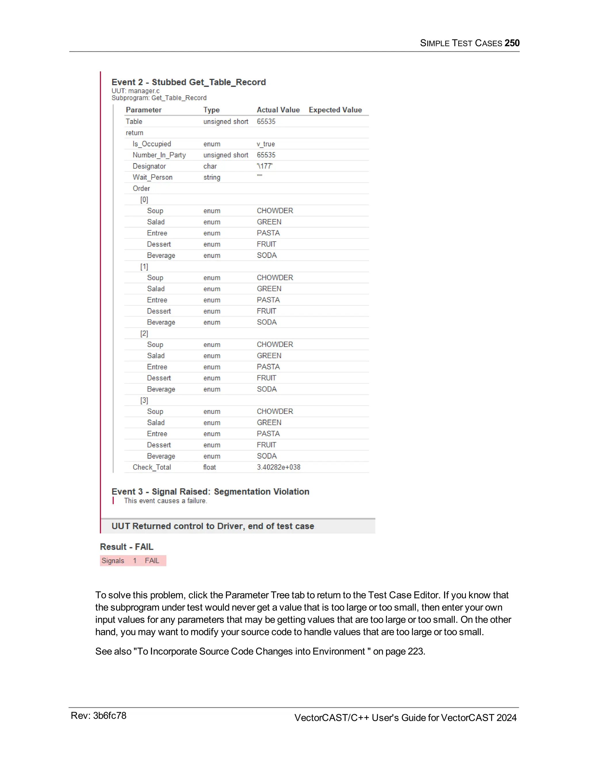 SIMPLE TEST CASES 250
To solve this problem, click the Parameter Tree tab to return to the Test Case Editor. If you know that
the subprogram under test would never get a value that is too large or too small, then enter your own
input values for any parameters that may be getting values that are too large or too small. On the other
hand, you may want to modify your source code to handle values that are too large or too small.
See also "To Incorporate Source Code Changes into Environment " on page 223.
Rev: 3b6fc78 VectorCAST/C++ User's Guide for VectorCAST 2024
 