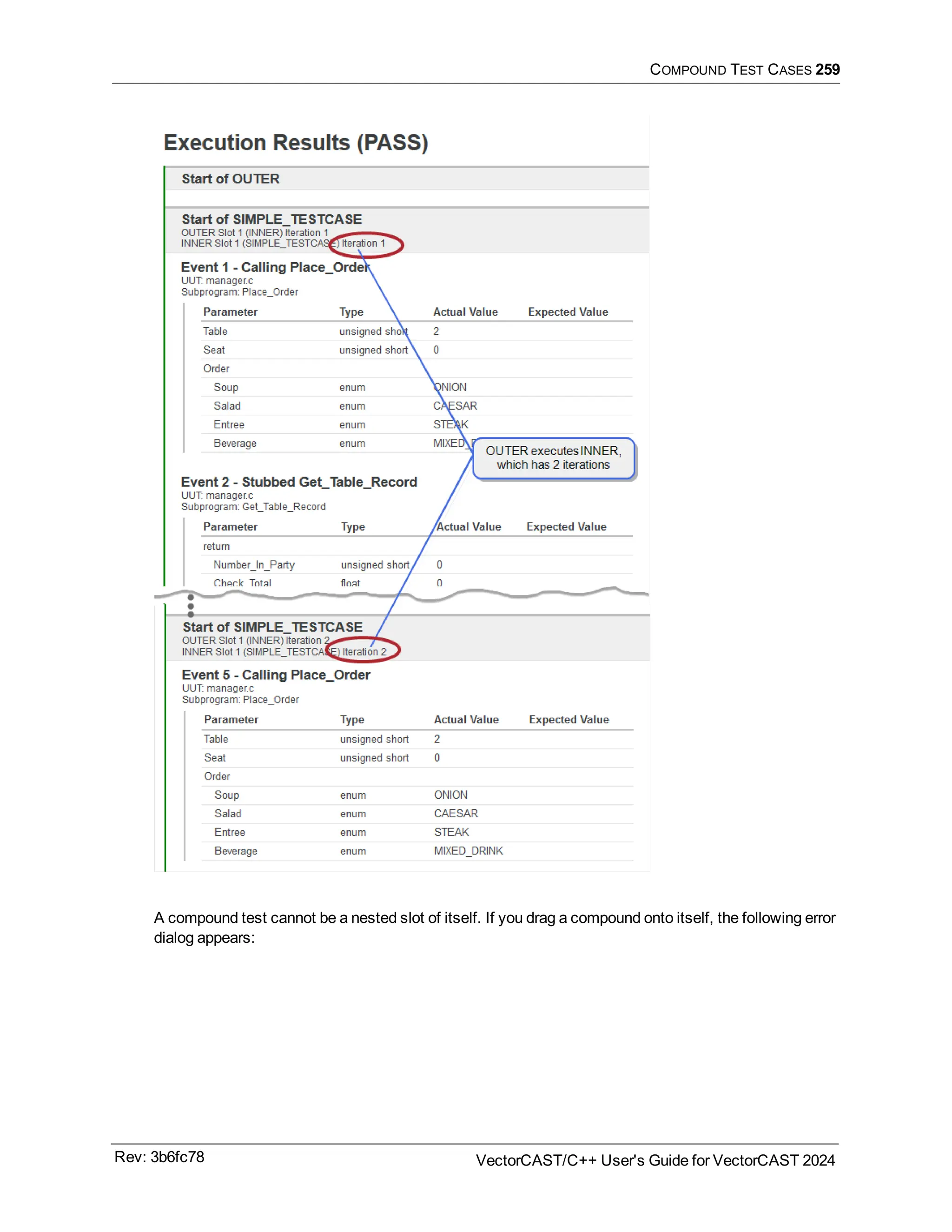 COMPOUND TEST CASES 259
A compound test cannot be a nested slot of itself. If you drag a compound onto itself, the following error
dialog appears:
Rev: 3b6fc78 VectorCAST/C++ User's Guide for VectorCAST 2024
 