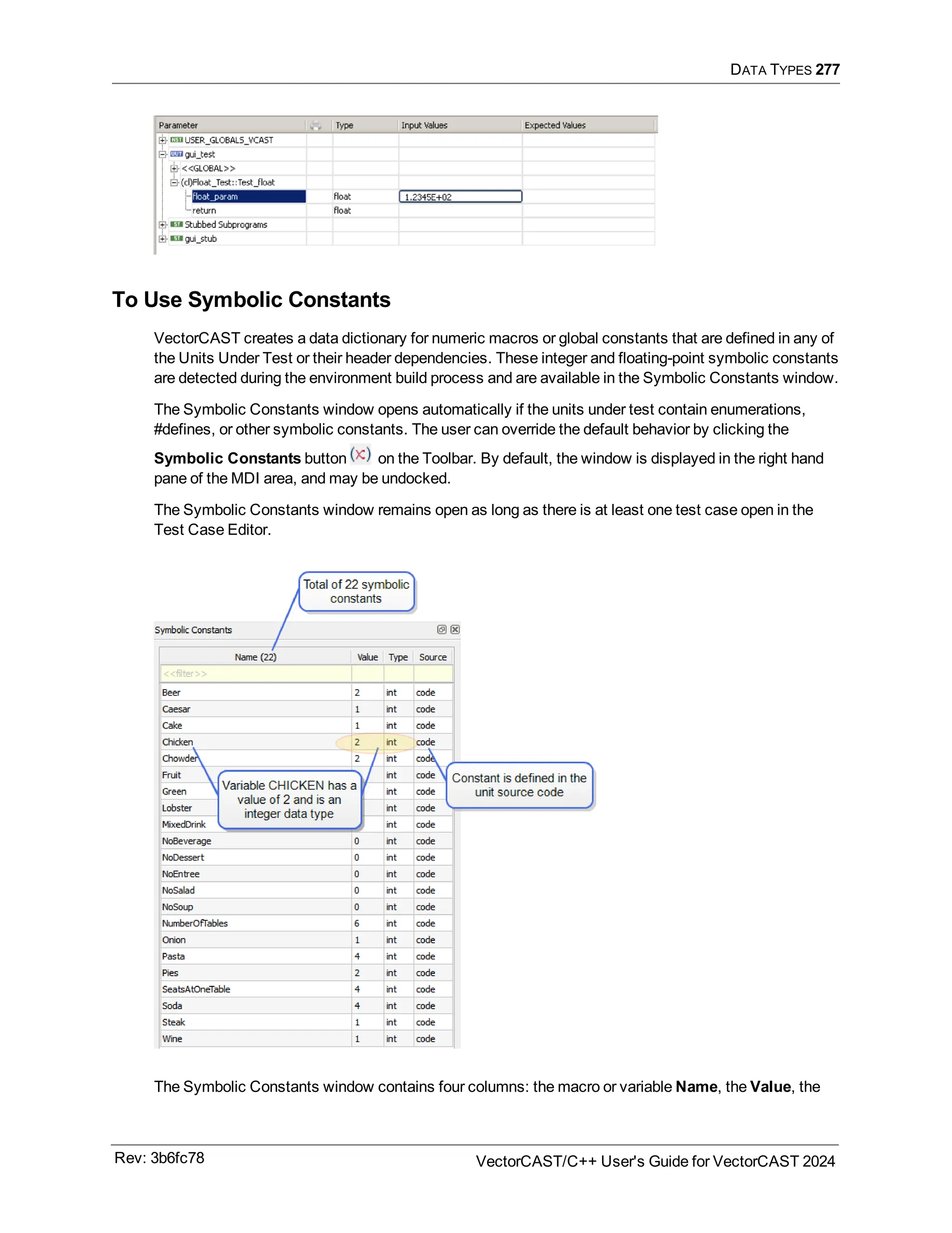 DATA TYPES 277
To Use Symbolic Constants
VectorCAST creates a data dictionary for numeric macros or global constants that are defined in any of
the Units Under Test or their header dependencies. These integer and floating-point symbolic constants
are detected during the environment build process and are available in the Symbolic Constants window.
The Symbolic Constants window opens automatically if the units under test contain enumerations,
#defines, or other symbolic constants. The user can override the default behavior by clicking the
Symbolic Constants button on the Toolbar. By default, the window is displayed in the right hand
pane of the MDI area, and may be undocked.
The Symbolic Constants window remains open as long as there is at least one test case open in the
Test Case Editor.
The Symbolic Constants window contains four columns: the macro or variable Name, the Value, the
Rev: 3b6fc78 VectorCAST/C++ User's Guide for VectorCAST 2024
 